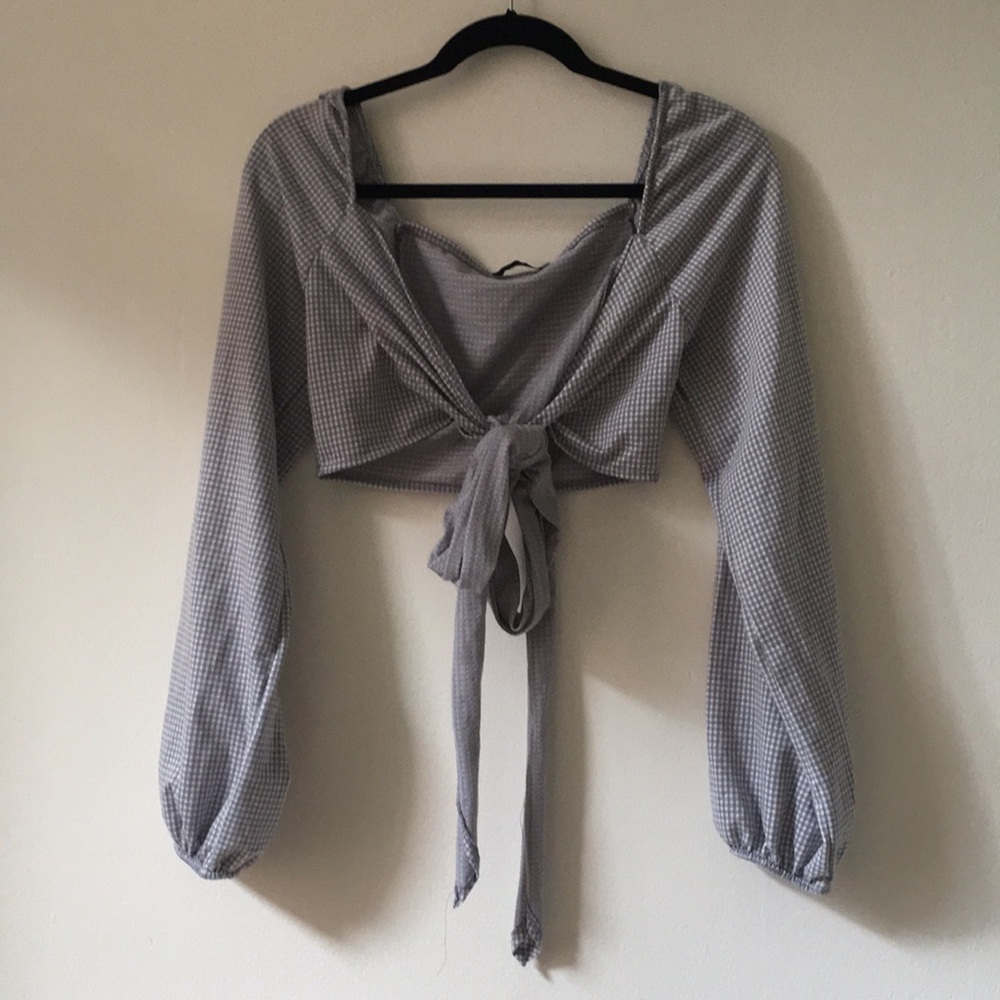 Zara gingham peasant top, tie front